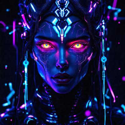 The primary subject of the image is a woman with purple eyes and a futuristic, cyberpunk-inspired appearance. She is wearing a purple and blue headpiece, and her eyes are glowing with a neon purple hue. The setting is a dark room, which adds to the overall mood of the image. The visual style is a combination of digital art and illustration, creating a unique and captivating scene. The colors and mood of the image are predominantly